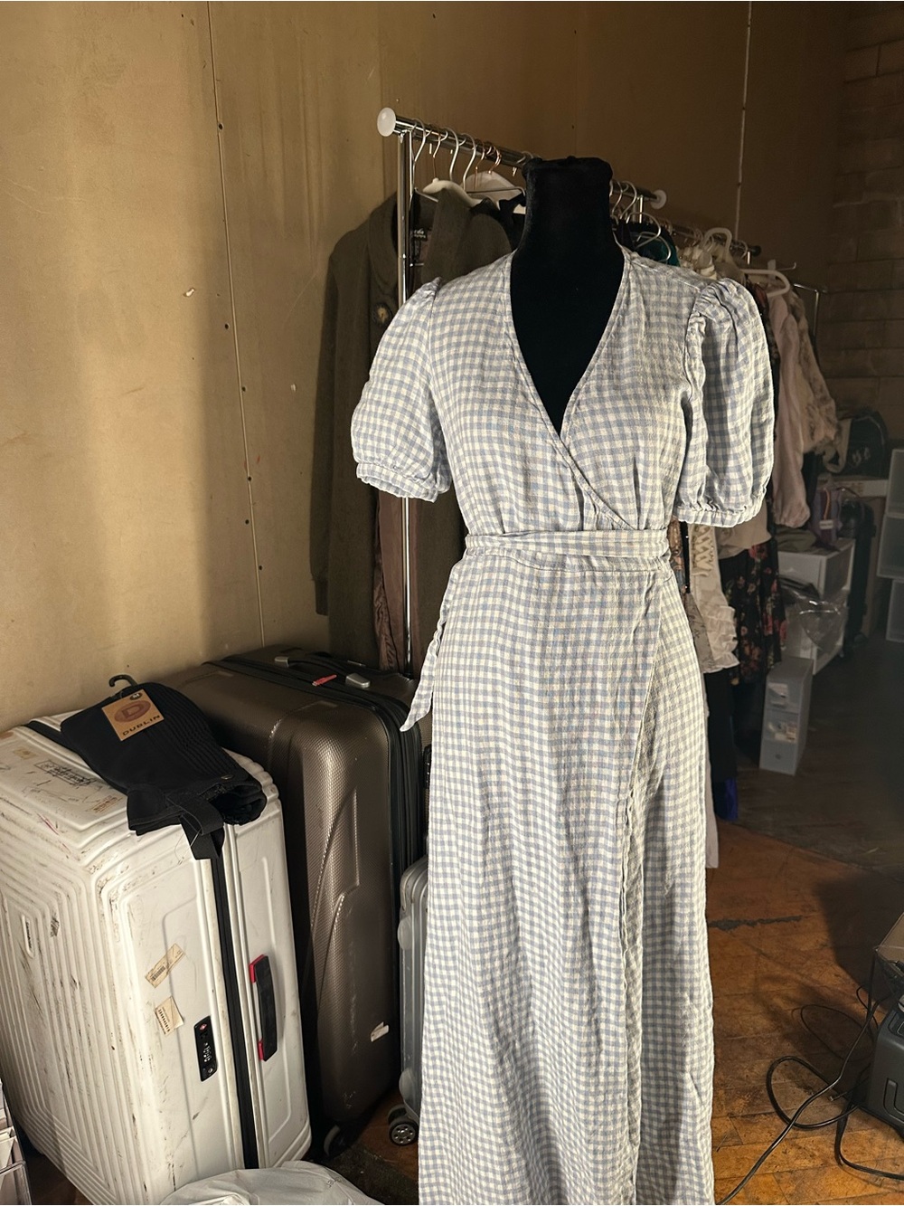 Reformation Blue Gingham Wrap Maxi Dress